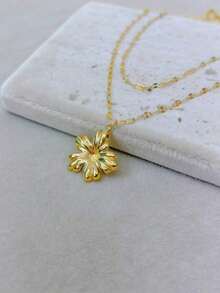 1pc Stainless Steel 18K Gold Plated Double Layer Floral Pendant Necklace, Elegant & Versatile Daily Decoration For Women ZBLY - Gold - 查看 4