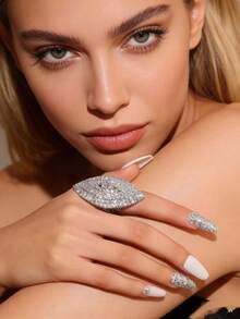 1枚欧美几何图案水钻戒指，可调节优雅闪亮钻石戒指首饰 - 彩色 - 查看 2