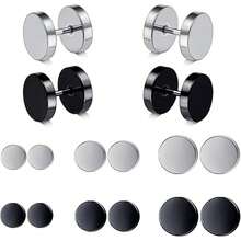 6件套304不锈钢扁平耳钉，男女通用假耳扩耳环，杠铃和圆形朋克风耳环，时尚百搭耳骨钉，饰品 - 彩色 - 查看 1