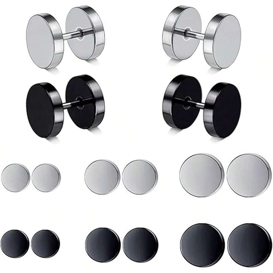 6件套304不锈钢扁平耳钉，男女通用假耳扩耳环，杠铃和圆形朋克风耳环，时尚百搭耳骨钉，饰品 - 彩色 - 查看 1