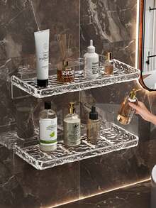 1pc Wavy Acrylic Bathroom Shelf, Wall Mounted Organizer Rack For Toiletries, Makeup, No Drilling Required - Transparent - View 1