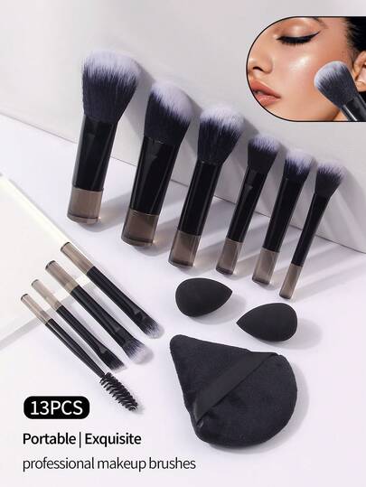 13PCS Mini Professional Makeup Brush Set With 2 Sponges & Triangle Powder Puff, Soft Portable Travel Beauty Tools For Women