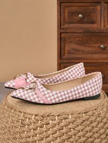 WHDXY 2026新款千鸟格尖头平底鞋，金属扣套脚乐福鞋，软底船鞋，适合工作、聚会、日常穿着 - 西瓜粉 - 查看 2