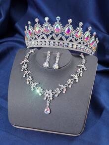 Bộ 4 món phong cách Baroque thanh lịch dành cho nữ, gồm vòng cổ và bông tai hình vương miện pha lê, phụ kiện đội đầu cô dâu trong đám cưới, phụ kiện tóc cho người lớn dự tiệc, vòng cổ và bông tai hình vương miện. - Nhiều màu - Xem 16