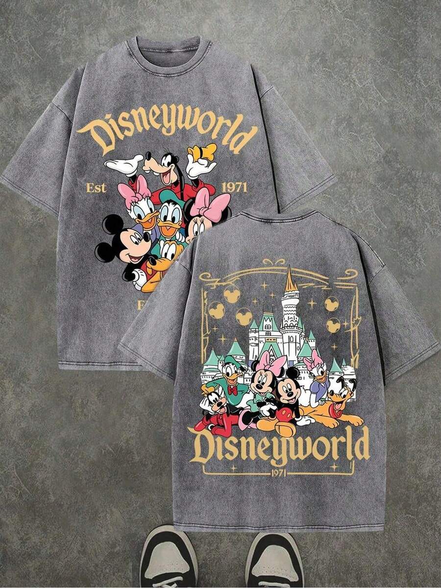 Disney Disneyworld 1971 Mickey Friends Graphic Oversized T Shirt, Vintage Washed Cotton Short Sleeve Front & Back Print Streetwear Tee Top - 灰色 - 查看 1