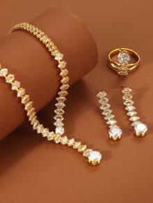 5pcs/Set Girls Necklace Bracelet Earrings Ring Jewelry Set, Fashionable Elegant Luxury Accessories Suitable For Weddings, Daily Decoration - Gold - View 6