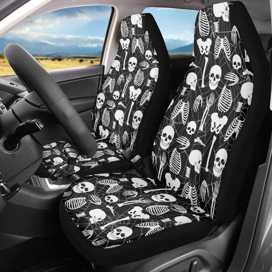 Skull Mushroom Print Car Front Seat Covers,Universal Car Seat Cushion Set,Suitable For Cars, SUVs, And Trucks,Perfect For Holiday Gift Or Special Occasion Present. - 骷髏頭骨蜘蛛網 - 查看 1