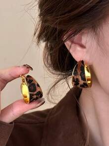 2件套时尚不对称豹纹弯圈耳环，女士款 - 彩色 - 查看 1