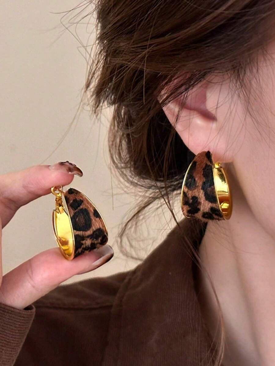 2件套时尚不对称豹纹弯圈耳环，女士款 - 彩色 - 查看 1