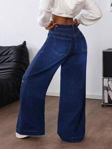 Elegantes jeans de mujer de talle alto elástico, pierna ancha, lavado oscuro y detalles brillantes, perfectos para salidas informales. - Niebla azul - Ver 3