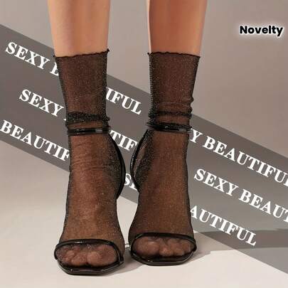 1 Pair Of Women's Ultra-Thin, Shiny Black Mid-Calf Stockings - Elegant And Sexy Party Stockings, Suitable For Evening Outings And Pairing With High Heels (Hand Wash Only), Creative And Fashionable Stockings.