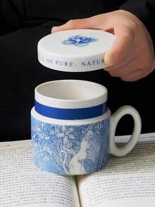 1pc Hand-Painted Blue And White Cat & Bird Ceramic Mug With Lid, French Blue And White Cat Latte/Coffee Mug With Lid, Retro Blue And White Cat Milk/Juice Mug, Suitable For Restaurant, Living Room, Cafe - Multicolor - View 10