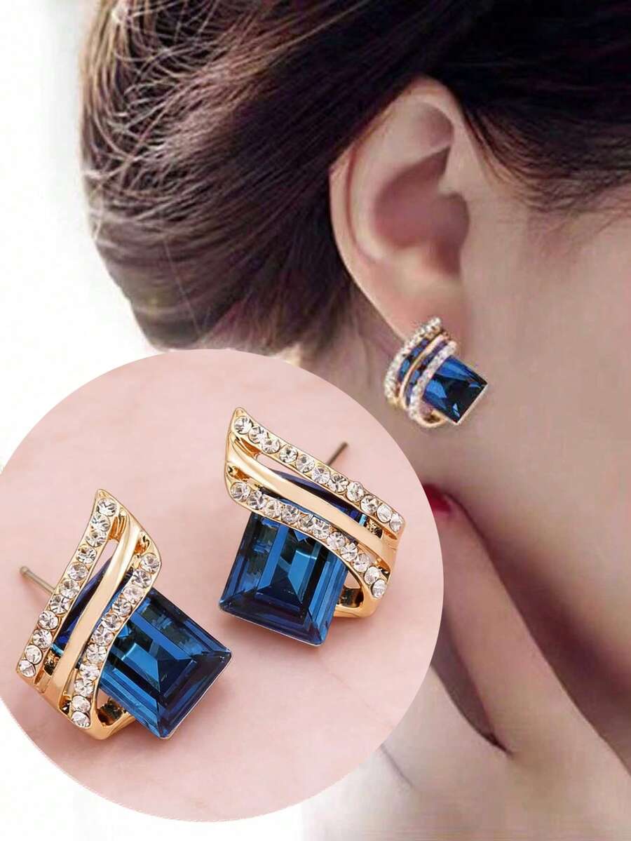1 Đôi Quyến Rũ Hợp Kim Kẽm Kim Cương Giả Trang Trí Bông Tai Đinh Cho Nữ Trang Trí Hàng Ngày - Màu xanh lam - Xem 1