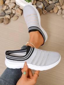 Lyca Pital Pantuflas de mujer de punto, con bloques de color y rayas, de malla transpirable y suela suave y ligera para uso diario - Gris - Ver 5