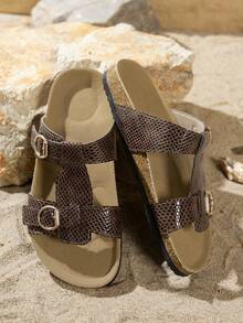 Women's Spring/Summer New Coffee Brown Snake Skin Buckle Strap Slippers, Luxury Fashion Versatile, Casual Outdoor Beach Resort Retro Bohemian Style, Recommended By Internet Celebrities, Fairy-Like French Minimalist Flat Sandals - Coffee Brown - View 5