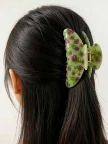 1pc Gorgeous Ditsy Floral Hair Claw Clip, Contrasting Green & Purple Design, Feminine Hair Claw Hairpin, Luxury Printed Hair Accessory Summer Beach Vacay Hair Clips,Holiday,Travel - Multicolor - View 1