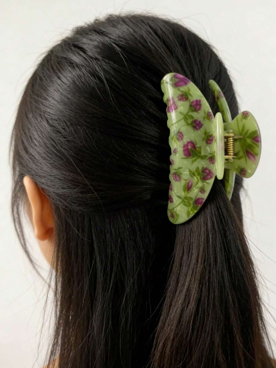 1pc Gorgeous Ditsy Floral Hair Claw Clip, Contrasting Green & Purple Design, Feminine Hair Claw Hairpin, Luxury Printed Hair Accessory Summer Beach Vacay Hair Clips,Holiday,Travel - Multicolor - View 1