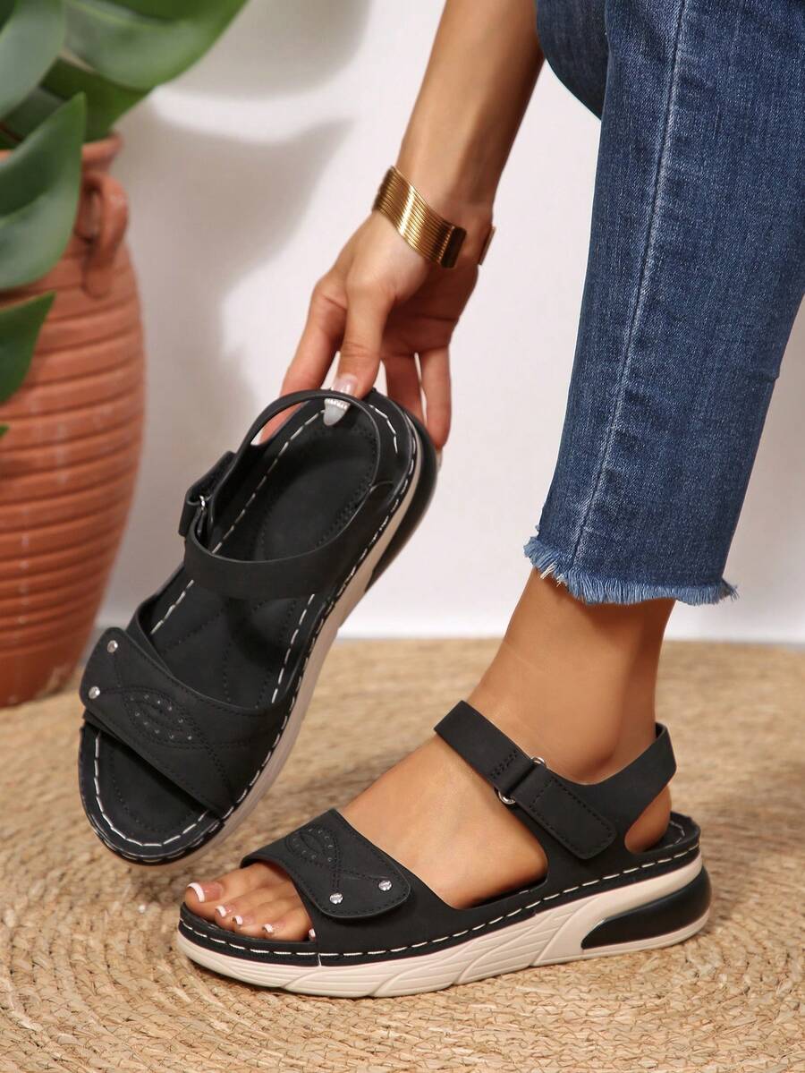 Sandal Wanita Model Wedges Musim Panas Terbaru 2026, Nyaman, Dapat Diatur, dengan Perekat Velcro, Anti Selip, Sol Lembut, Sandal Kasual untuk Berjalan, Ukuran Besar Serbaguna - Hitam - View 1