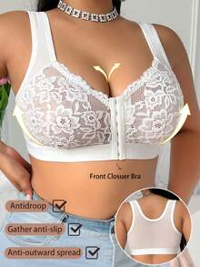 Plus Size Minimalist Solid Color Front Closure Lace Patchwork Wireless Comfortable Bra - White - View 5