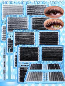 640/592/576片假睫毛套装，高容量假睫毛，居家DIY，包含睫毛胶、定型液、睫毛刷、镊子，新手友好型睫毛嫁接套装，打造蓬松浓密自然的睫毛效果，便携旅行装，混合款式睫毛+睫毛胶+睫毛刷 - 彩色 - 查看 10