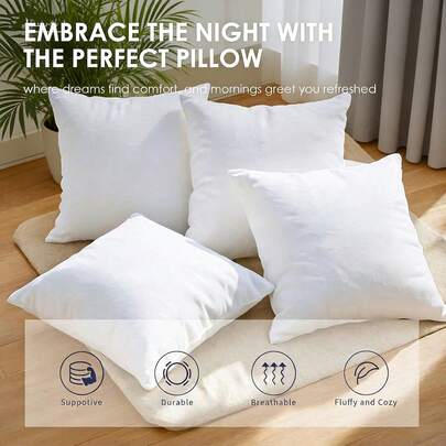 1/2/4-Pack White Square Pillow Inserts, Soft And Fluffy Indoor Filling, Machine Washable With Hypoallergenic Properties, Modern European And American Style, Suitable For Sofa Beds And Hotel/Homestay Scenarios, Ideal For Home And Commercial Use As Sofa Cushions Or Bed Pillows, Perfect For Back, Stomach, Or Side Sleepers As A Down Alternative