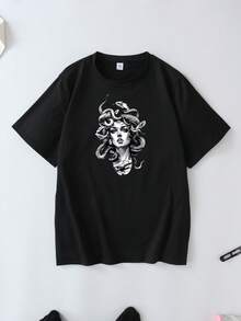 Áo thun nữ cỡ lớn in hình Medusa, tay ngắn, dáng rộng, thoải mái, màu đen, thích hợp mặc mùa hè. - màu đen - Xem 2
