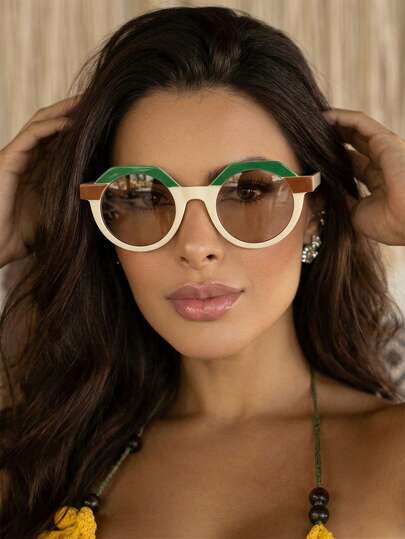 新款时尚复古个性化小框拼接不对称圆形时尚眼镜，百搭日常、街头、派对、节日、户外、街头风、嘻哈装饰