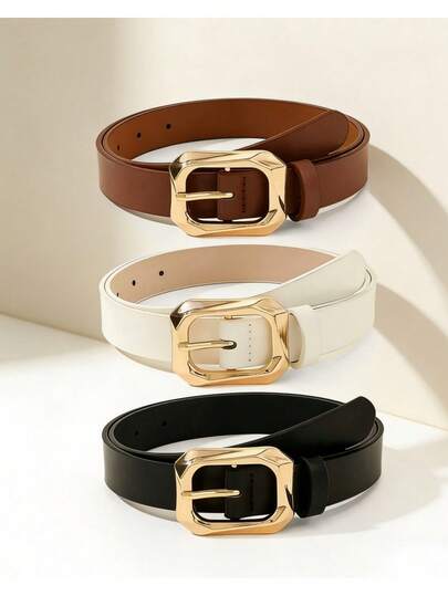 Bộ 3 chiếc thắt lưng nữ màu đen, trắng, vàng với khóa vuông, thời trang, giản dị, thanh lịch, phong cách Bohemian, phù hợp để phối với quần jeans, quần tây, váy, quần dài thường ngày, chân váy, áo choàng, bộ vest, áo khoác. Thích hợp cho mặc hàng ngày, dự tiệc, khiêu vũ, kỳ nghỉ, mùa xuân/hè. Món quà tuyệt vời dành cho bạn gái, mẹ hoặc bạn bè.