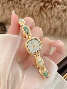 1 chiếc đồng hồ nữ mặt vuông nhỏ bằng thép không gỉ màu bạc cổ điển, kiểu dáng tối giản thanh lịch sang trọng, đồng hồ đeo tay thạch anh nhỏ nhắn phù hợp để đeo hàng ngày, dự tiệc và các dịp khác. - màu xanh lá - Xem 7