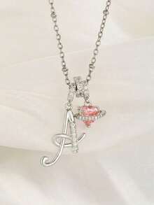 1件极简主义Y2K立方氧化锆粉色心形宝石个性化手写字母吊坠项链，不锈钢材质，时尚休闲，个性化定制，送给女友、妈妈的独特礼物，复古简约，可爱俏皮，可定制 - 銀色 - 查看 3