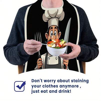1 Yếm ăn người lớn in hình đầu bếp hoạt hình, dễ thương và vui nhộn, bền và thoải mái cho người lớn, chống thấm nước và dầu mỡ, thích hợp cho nhà hàng, tiệc tùng và sử dụng tại nhà, kích thước 75 * 45 cm.