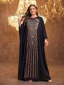 UNITHORSE 女士圆领蝙蝠袖长连衣裙，新款奢华高端优雅亮片蕾丝拼接哑光缎面女士睡袍连衣裙 黑色 - 黑色 - 查看 1