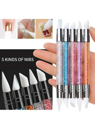 5 PIEZAS Bolígrafo de escultura de uñas de doble punta, herramienta de uñas de silicona de doble punta, bolígrafo de acrílico para arte de uñas, brochas de silicona para herramientas de arte de uñas de resina para efecto de dibujo, tallado y moldeado