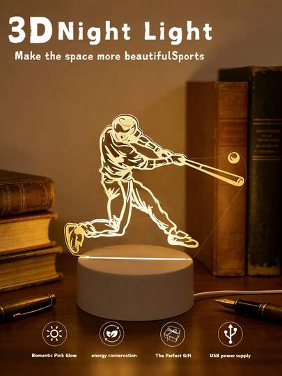 1个3D棒球运动员创意图案夜灯，浪漫氛围灯，USB供电，棒球图案，适合家居装饰、卧室装饰、房间装饰、室内台灯，可作为生日礼物、毕业礼物送给朋友和同学，棒球迷的最佳礼物，床头助眠灯