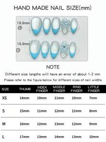 10片纯手工制作的按压式美甲贴片，短款杏仁形，风格清新简约。饰有手绘灰白色烟花猫眼图案，搭配清新蓝色法式甲尖，以及手绘立体蓝白花朵。这是一款高端美甲贴片，适合女士和女孩日常佩戴，并附赠美甲工具包。 - 彩色 - 查看 6
