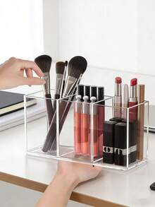 1 pieza Caja de almacenamiento de maquillaje y suministros de oficina de múltiples compartimentos de acrílico transparente - Organizador de escritorio con 3 ranuras y soporte para brochas, soporte de tocador ahorrador de espacio, caja organizadora de escritorio de plástico duradero (caja de almacenamiento para decoración del hogar), organizador de maquillaje, decoración de dormitorio, decoración del hogar - transparente - Ver 4