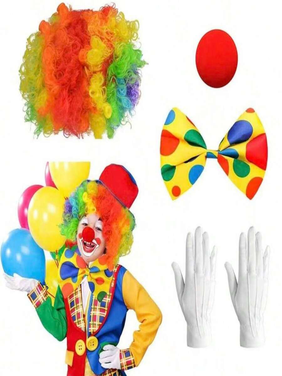 4件套嘉年华小丑服装套装，包括：彩虹小丑假发、鼻子、领结、白色手套、嘉年华派对小丑配饰、嘉年华服装 - 彩色 - 查看 1