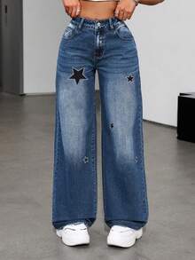 Pantalones vaqueros anchos informales para mujer con parche de estrella y lavado crudo para un look grunge, pantalones largos de alta elasticidad. - Niebla azul - Ver 5