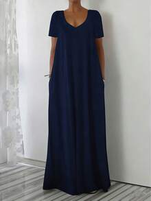 Gaun Ukuran Besar Gaya Eropa dan Amerika Terbaru untuk Musim Panas, Kasual Longgar Sehari-hari, Lengan Pendek Polos, Leher V, Pas Badan, Elegan - Navy Blue - View 3
