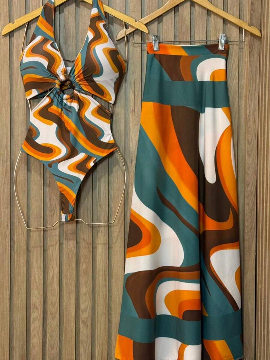 Premium Beach Cover-Up Set: Bodysuit, Swimsuit, And Pareo - Lume Print - View 1