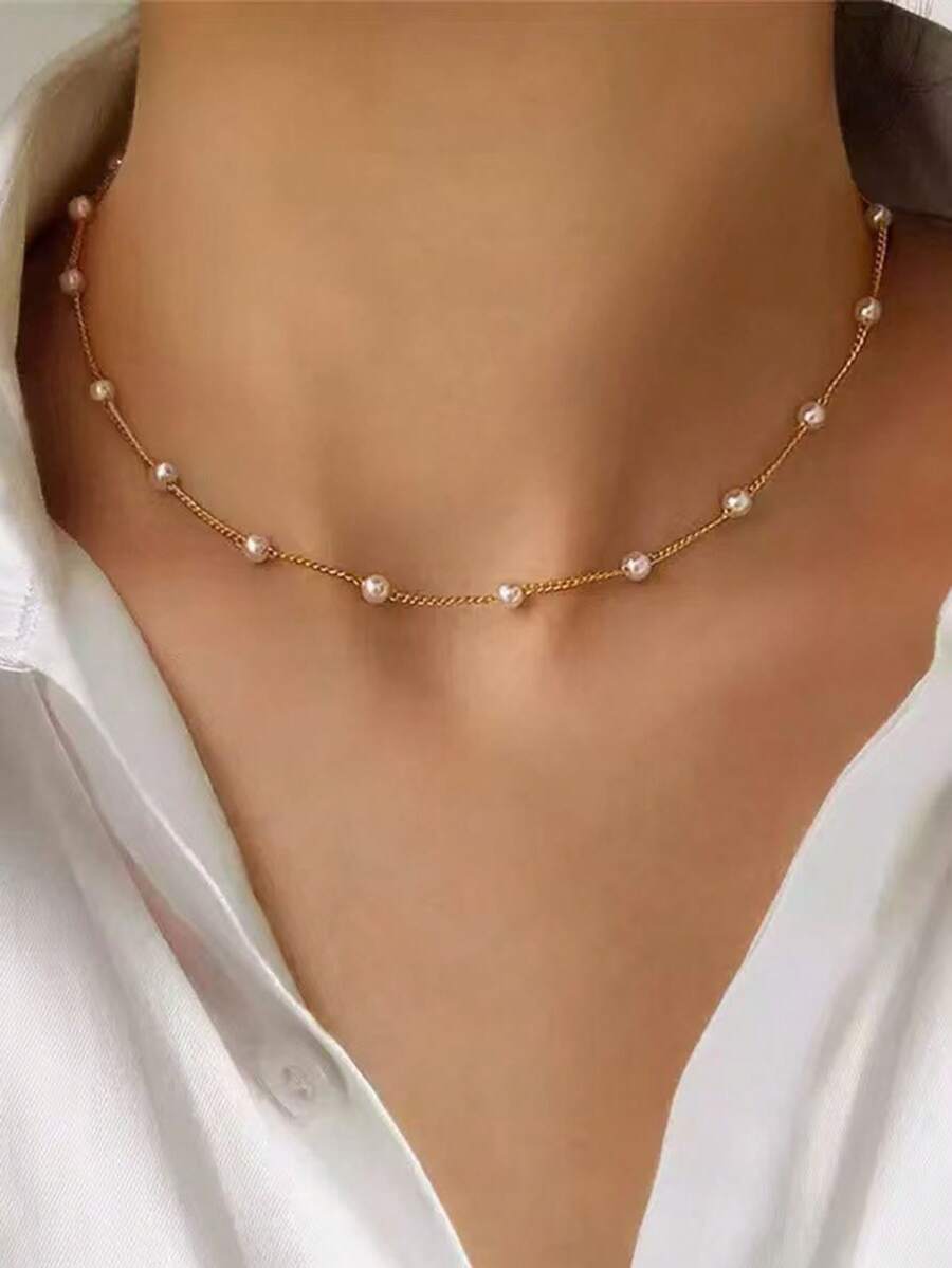 1条精致珍珠串珠项链 - 合金材质，甜美女士必备珍珠项链，珍珠颈链，适合日常佩戴和节日礼物 - 金色 - 查看 1