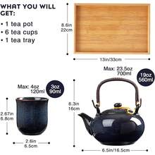 Dujust Juego de té japonés, juego de té de porcelana cian-azul con 1 juego de tetera, 6 tazas de té, 1 bandeja de té, 1 infusor de acero inoxidable, juego de té asiático para amantes del - azul oscuro - Ver 3