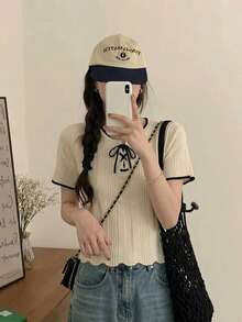 Summer Color-Blocked Slim-Fit Tie Neckline Women's Short-Sleeved Knit Top With Ruffled Trim - Apricot - View 5