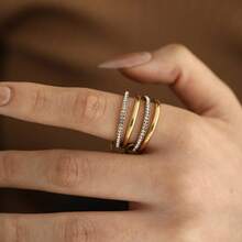 Anillo apilable multicapa de acero inoxidable, elegante diseño de moda con incrustaciones de cristal al estilo Ins, versátil y creativo - 9 de oro - Ver 7