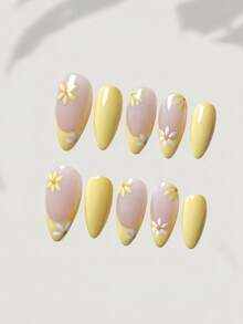 10pcs Handmade Adhesive False Nails, Pastel Yellow French Manicure, Hand-Painted Small Daisy, Pink Tie Dye, Sky Blue Water Wave, 3D Floral, Star Pattern, Suitable For Daily Wear, Dates, Travels, Best Gift For Fashionable Women And Beauty Lovers - Yellow - View 1