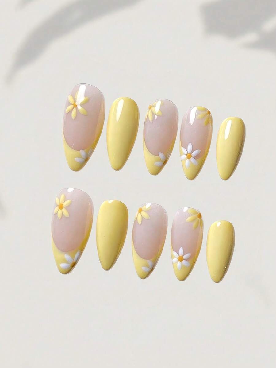 10pcs Handmade Adhesive False Nails, Pastel Yellow French Manicure, Hand-Painted Small Daisy, Pink Tie Dye, Sky Blue Water Wave, 3D Floral, Star Pattern, Suitable For Daily Wear, Dates, Travels, Best Gift For Fashionable Women And Beauty Lovers - Yellow - View 1