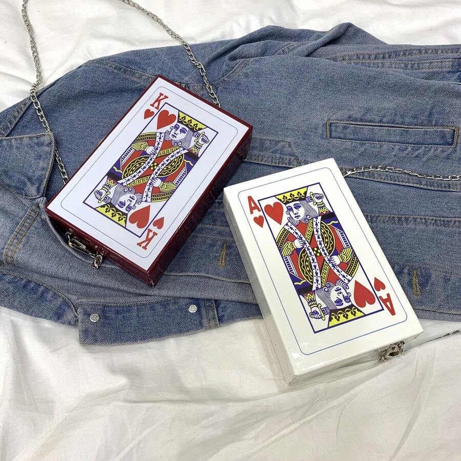 1pc Women's Evening Clutch Bag, Playing Card Pattern Handbag, Chain Shoulder Bag, Hard Box Shaped Bag, Card Shaped Wallet, Earphones, Phone, Lipstick, Ladies Shoulder Bag, Summer Handbag For Women - A - View 1