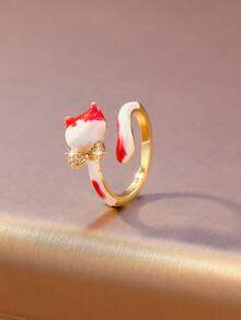 1pc Women's Adjustable Gold-Plated Open Cat Ring - Cute Enamel Animal Jewelry With Diamond Bow Stacking Rings - Multicolor - View 5