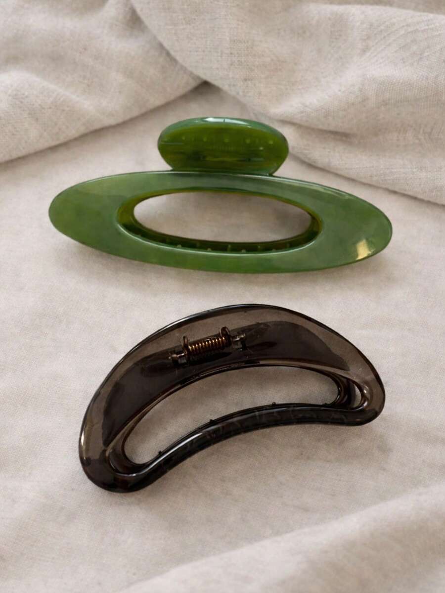 2个/1个女士绿色椭圆镂空爪夹，黑色半椭圆镂空新月形爪夹，大号发夹头饰，时尚百搭，优雅简约，纯色发爪，适合日常、休闲、派对、海滩、度假、发型设计、洗脸/洗头、化妆、服装配饰，秋季时尚发夹，秋季发饰，冬季发夹，春季发夹，夏季发夹，度假发夹 - 彩色 - 查看 1