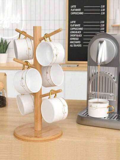 Tree Cup Holder With 6 Hooks, Bamboo Cup Holder, Mug Holder With Tree Structure, Removable Coffee Cup Holder, Wooden Cup Holder For Kitchen Restaurant Bar